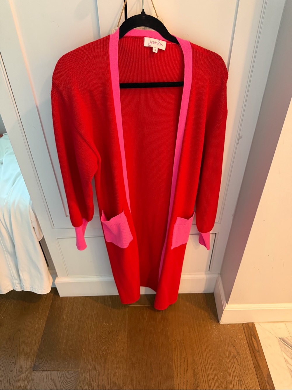Joie Red Cardigan with Pink Trim and Pocket Details